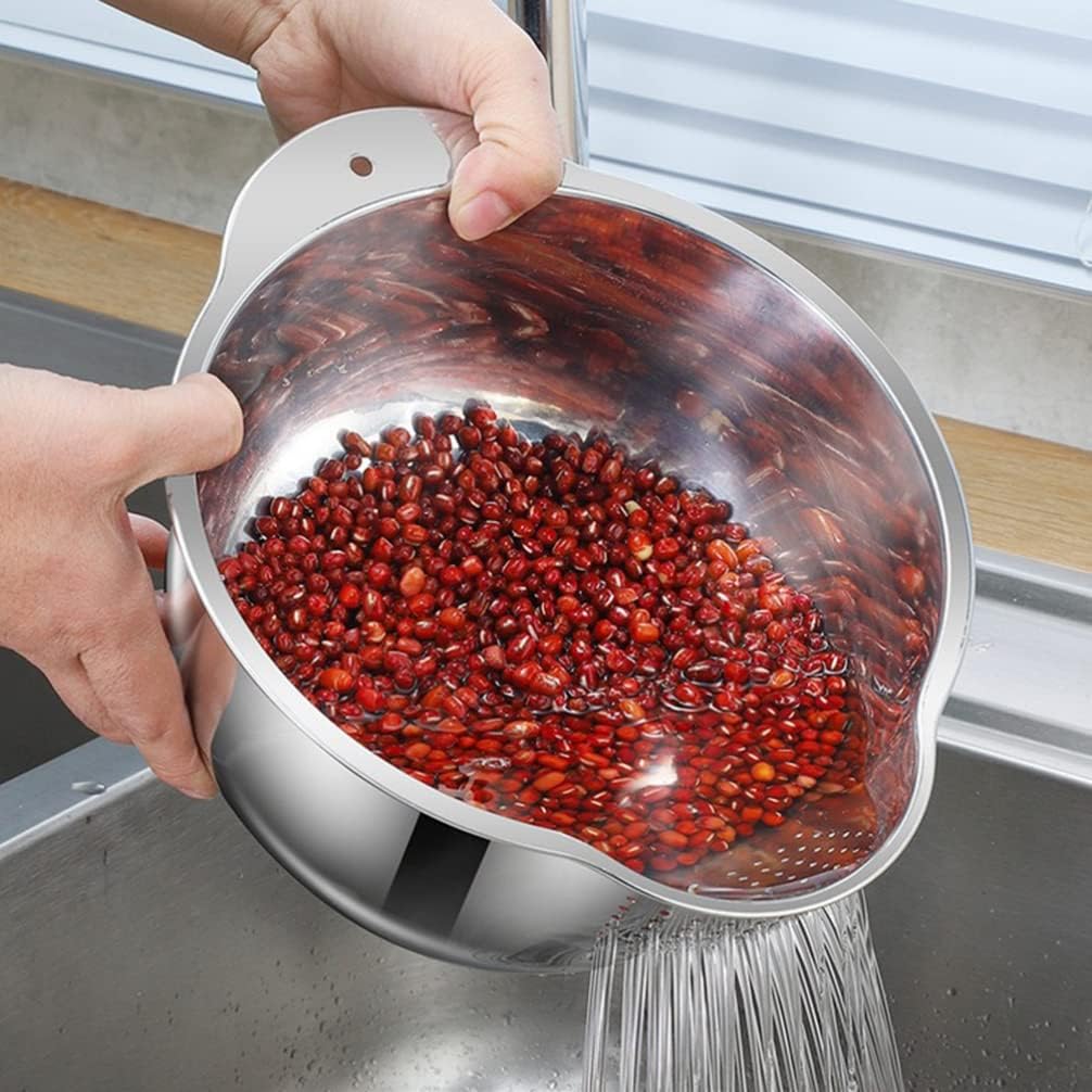 ZzzaNa Stainless Steel Washing Bowl Rice Washing Bowl Colander Strainer 20cm Fine Mesh Strainer for Washing Vegetables Fruit Beans Pasta Colander
