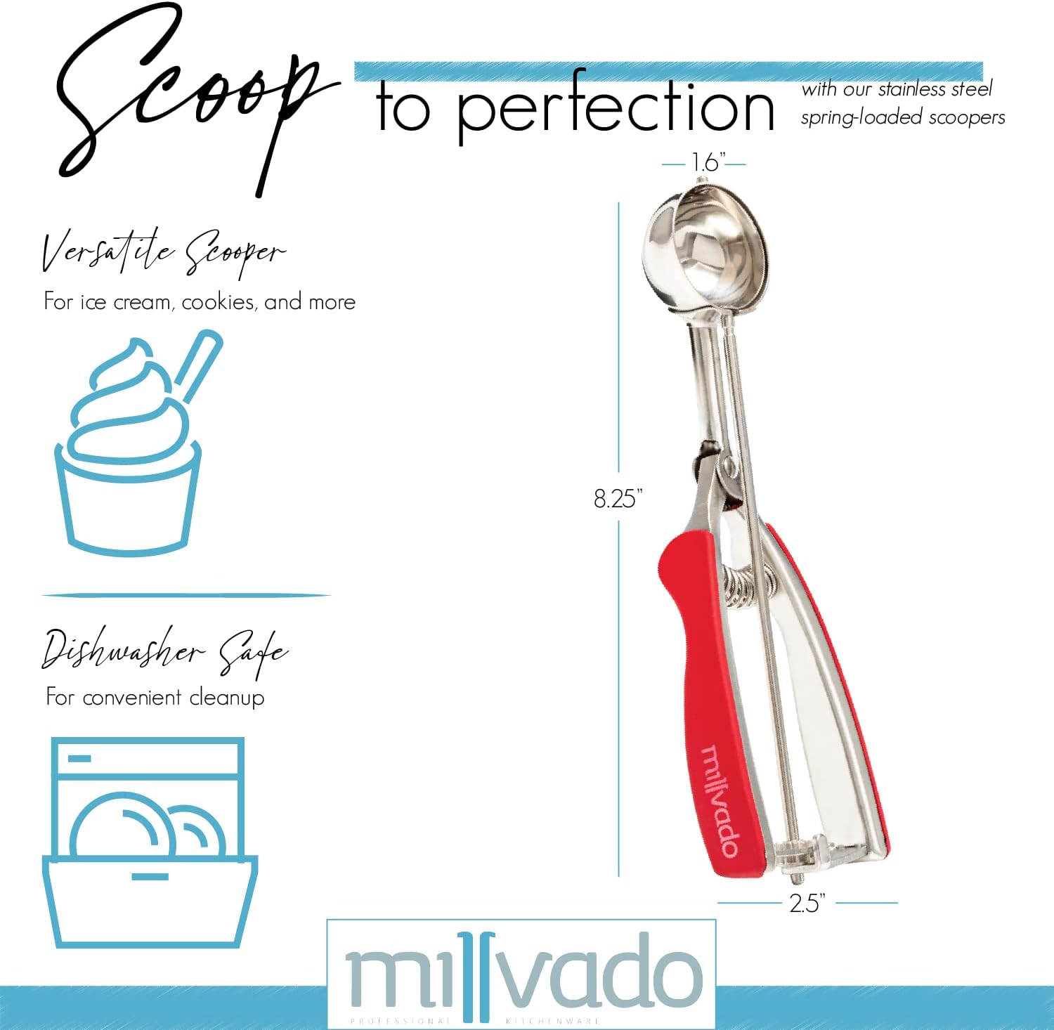 Millvado Cuchara para helado con gatillo cuchara redonda de acero inoxidable para helado, masa de galletas, melón, etc. – Plato de alimentos con