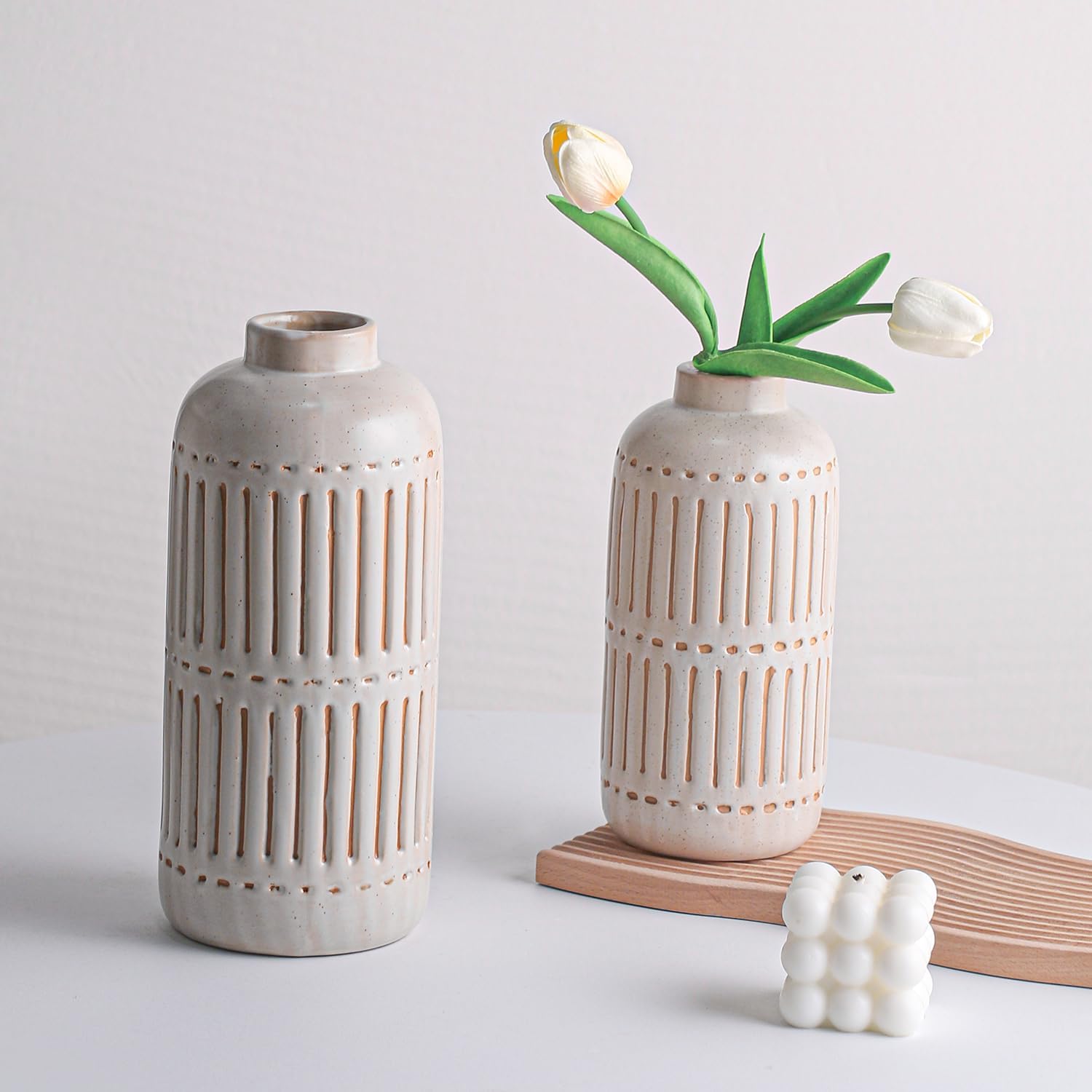 Juego de 2 jarrones de cerámica rústica para sala de estar, dormitorio, casa de campo, jarrones de flores de 11.22 y 9.25 pulgadas para decoración