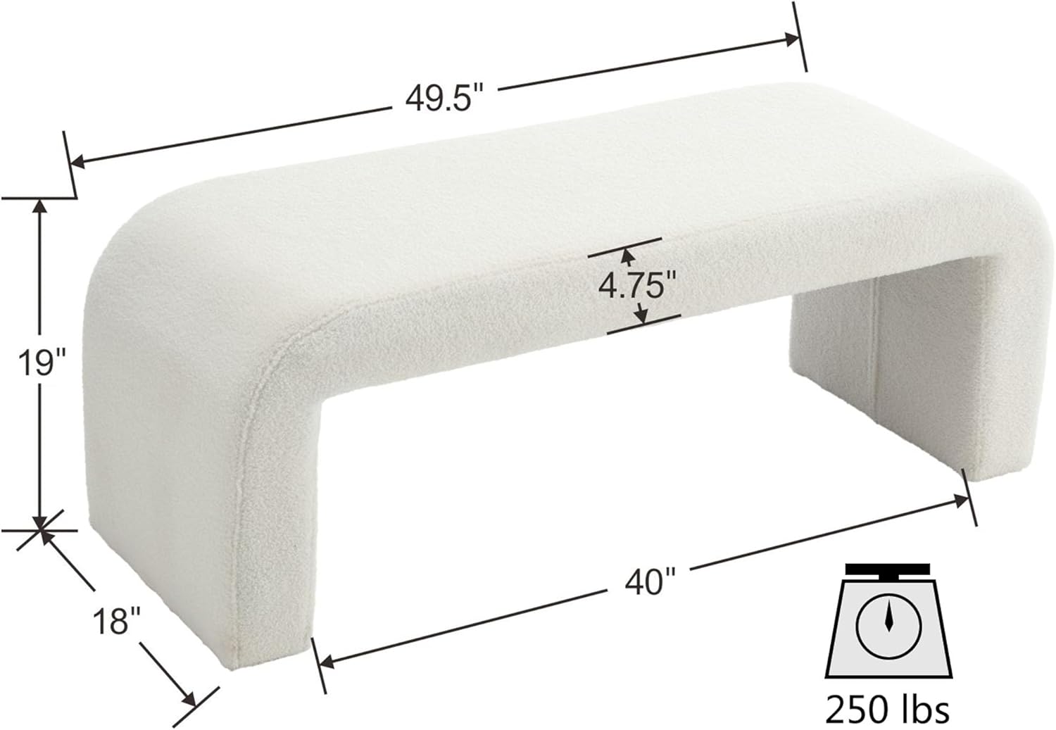 VESCASA Banco Sherpa de 49.5 pulgadas de ancho para pasillo, banco otomano tapizado para el extremo de la cama, para entrada, dormitorio, blanco, 1