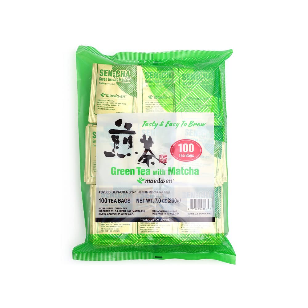 MAEDA-EN Sen-cha con verde matcha, 100 bolsitas de té en polvo de origen japonés, hojas de té verde envueltas individualmente, 02386 1 paquete