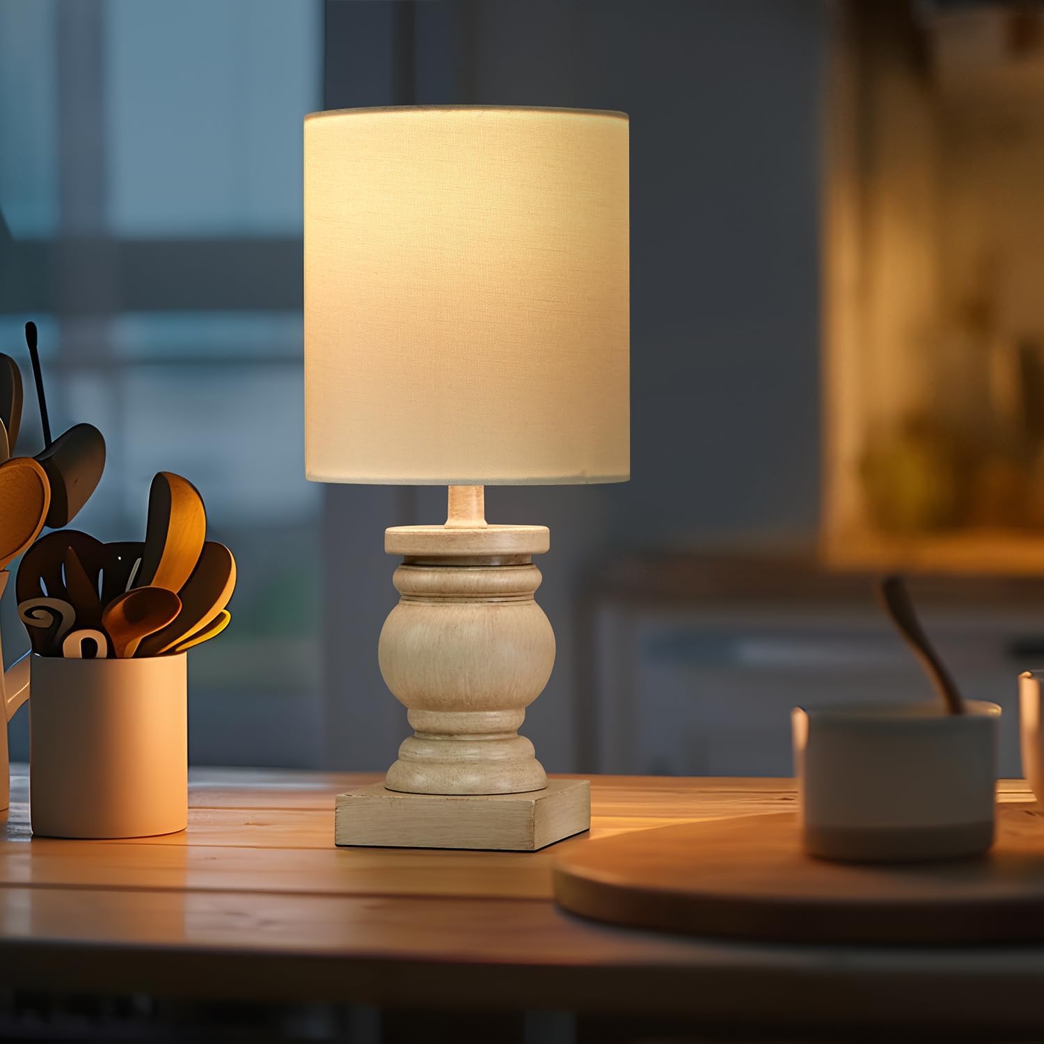 OYEARS Lámpara de mesa pequeña de 12 pulgadas para dormitorio, sala de estar, lámparas de noche simples y retro de grano de madera, adecuadas para