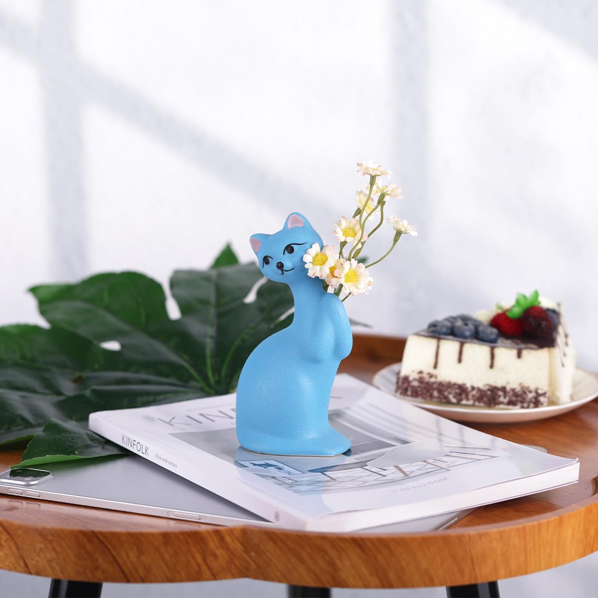 Jarrón de cerámica para gatos, florero azul, decoración multifuncional para jarrón y adorno, estatua de gato hecha a mano para sala de estar,
