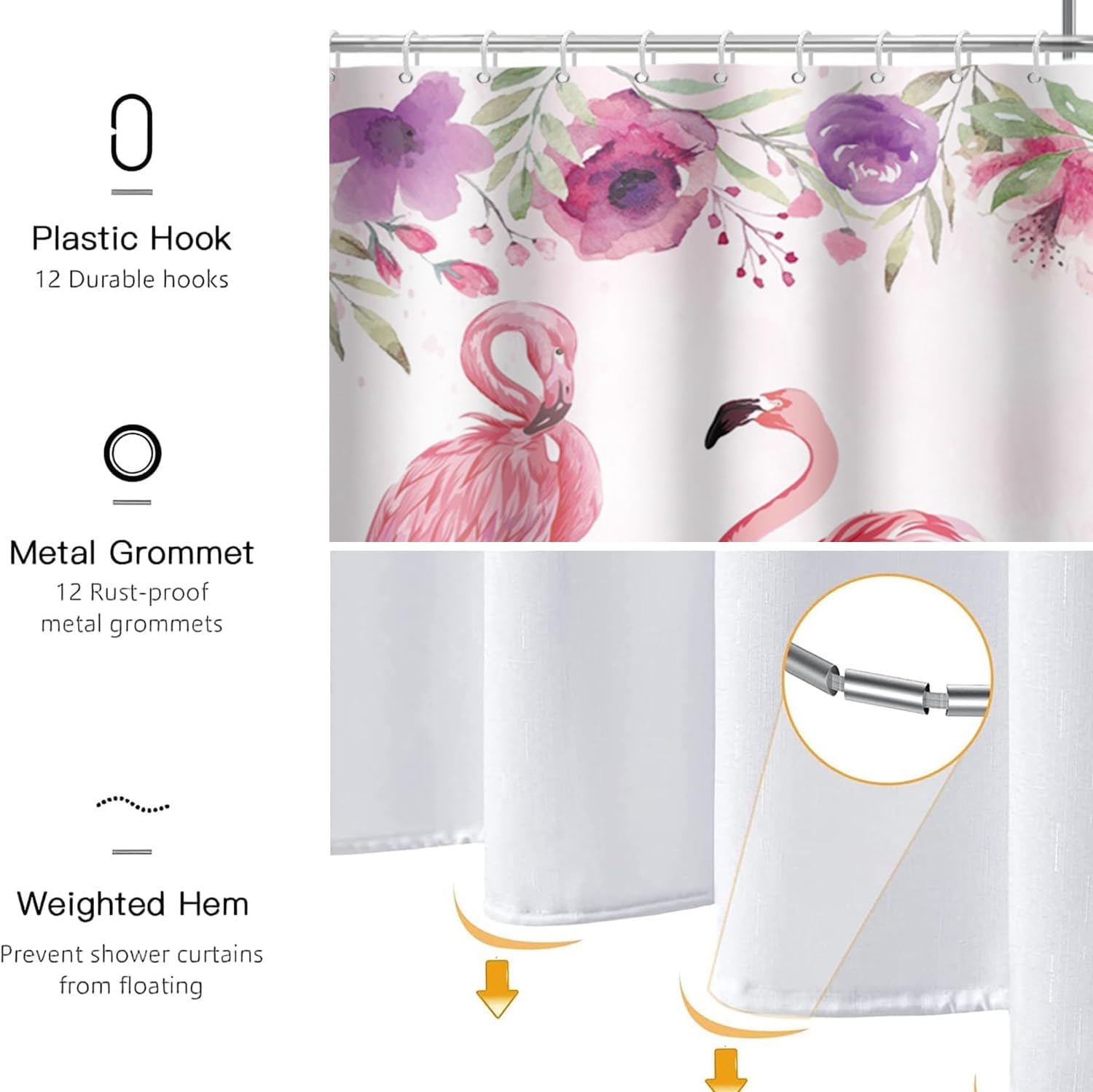 Cortinas de ducha de flamenco rosa para baño, cortina de ducha floral de 72 pulgadas de ancho x 72 pulgadas de largo, hoja de palma verde, planta
