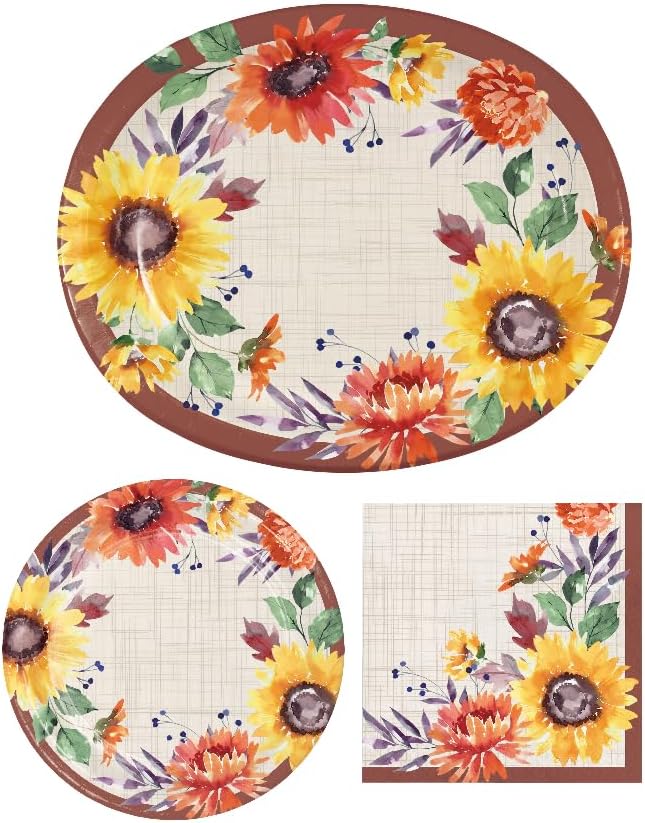Suministros de fiesta de flores de otoño para 8  (8) platos llanos ovalados, (8) platos de aperitivopostre, (16) servilletas de almuerzo  Diseño de