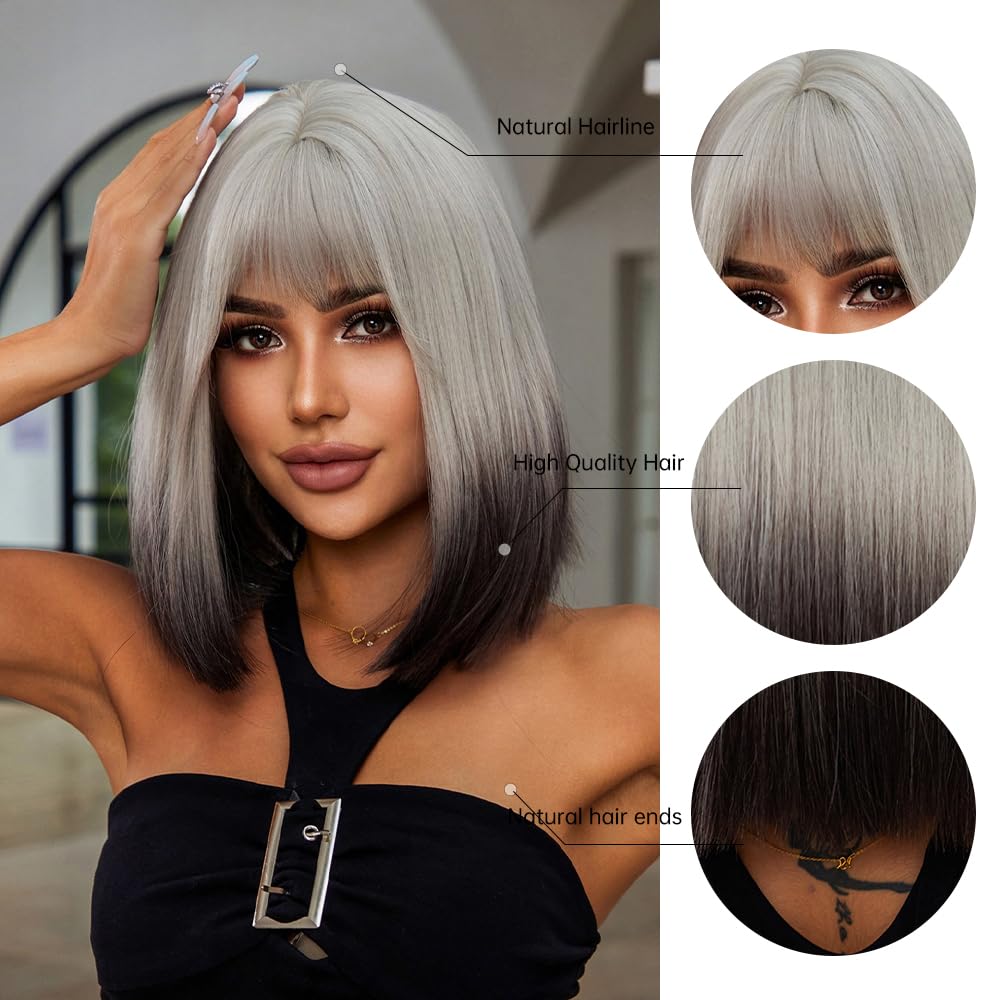 Pelucas Bob de color gris degradado para mujeres negras, peluca corta y recta de 14 pulgadas con flequillo, peluca sintética de aspecto natural,