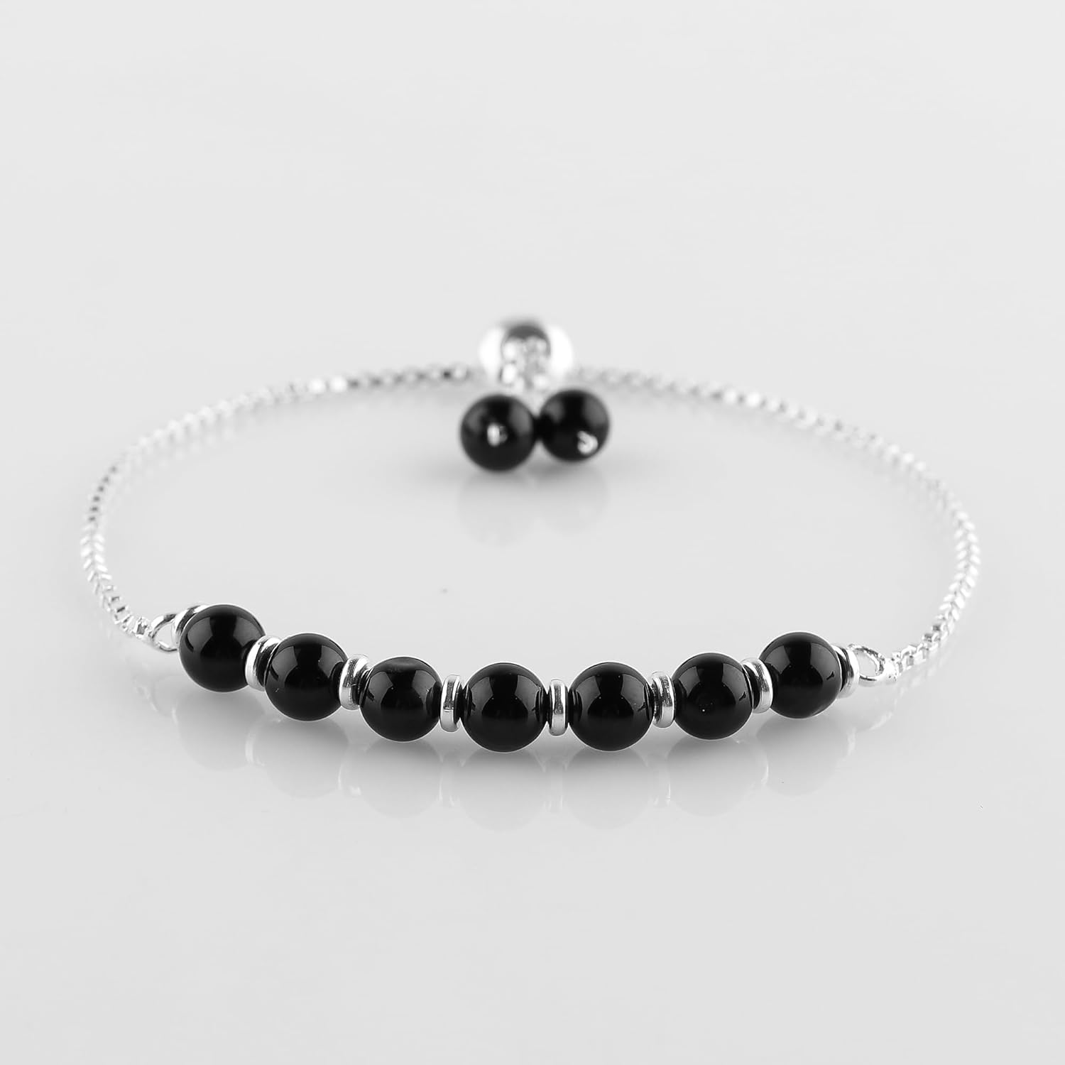 Natural Black Onyx Gemstone Round Beads Bolo Bracelet, Chakra Healing Crystals, Silver Plated, Adjustable Slider, Gift for Women, Birthday, Wedding,
