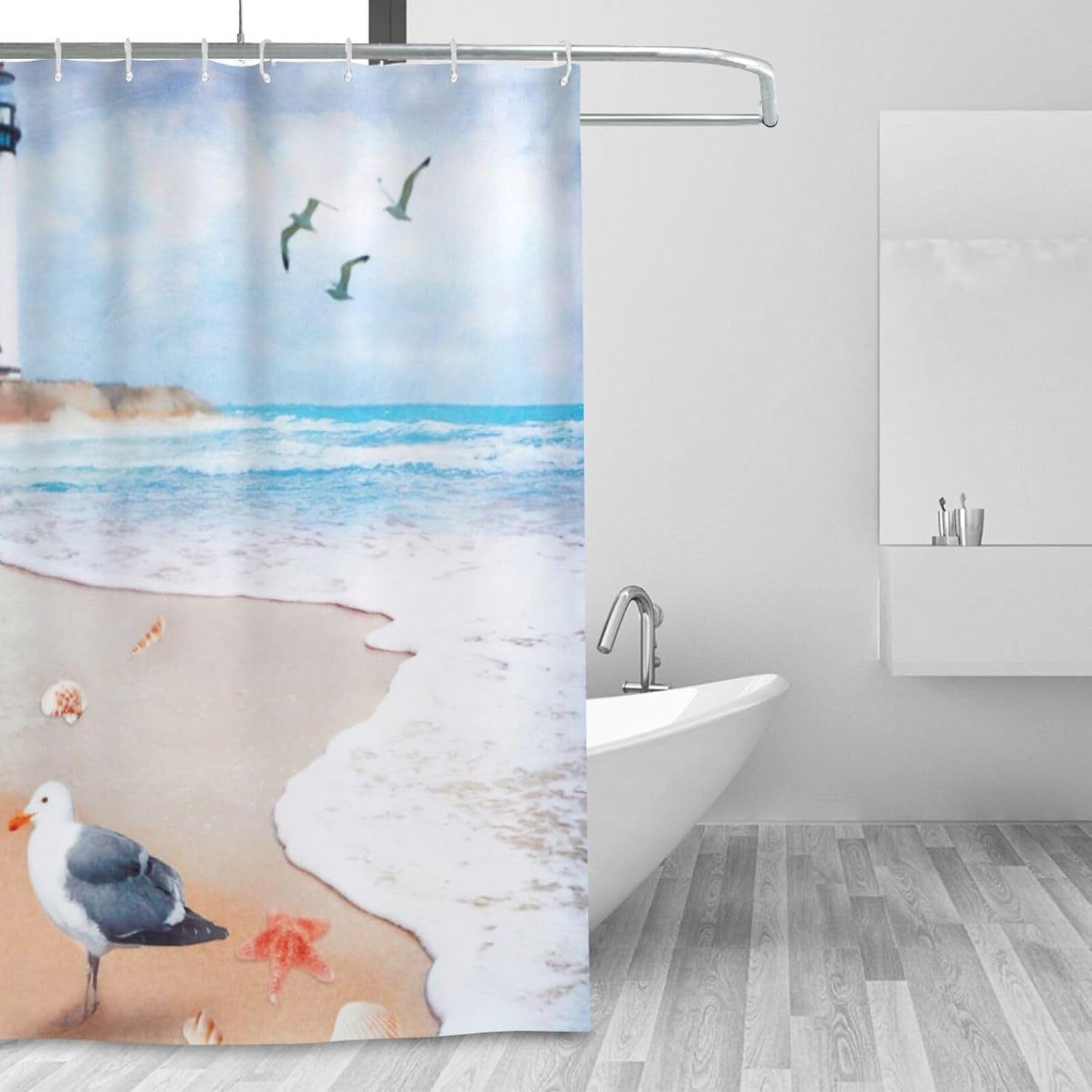 Golakra Cortina de ducha de playa costera, faro, náutico, gaviota, océano, cortina de ducha impermeable, tela de poliéster, decoración de baño con