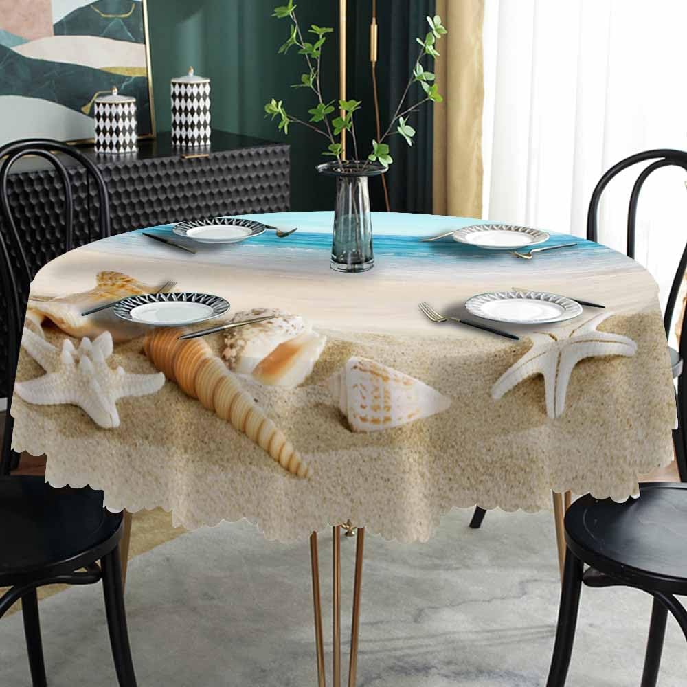 AOYEGO Mantel redondo de 60 pulgadas con diseño de concha de playa tropical oceánica, estrella de mar, cielo arena, mantel de poliéster para