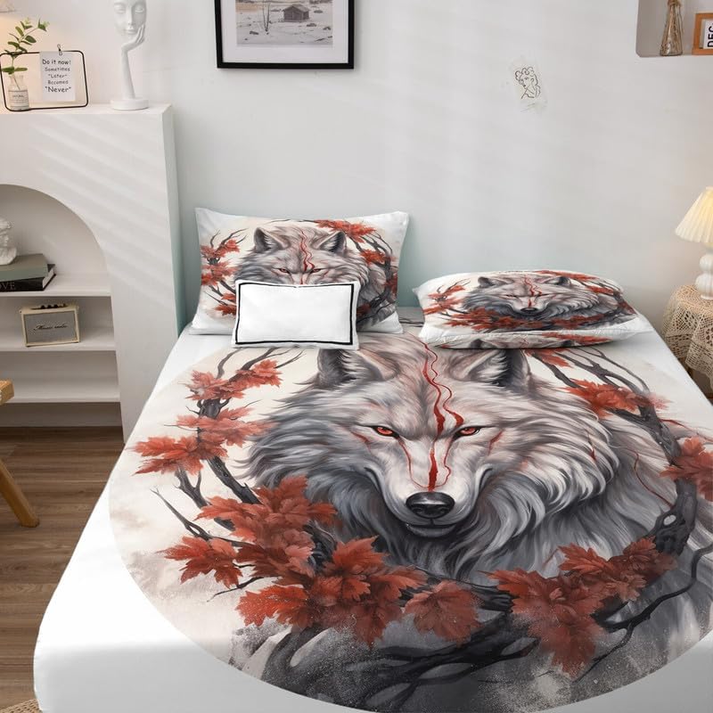 zcsm Sábanas de lobo tamaño Queen  Sábanas de cama de lobos, microfibra suave y bolsillo profundo, sábanas y fundas de almohada estampadas sin