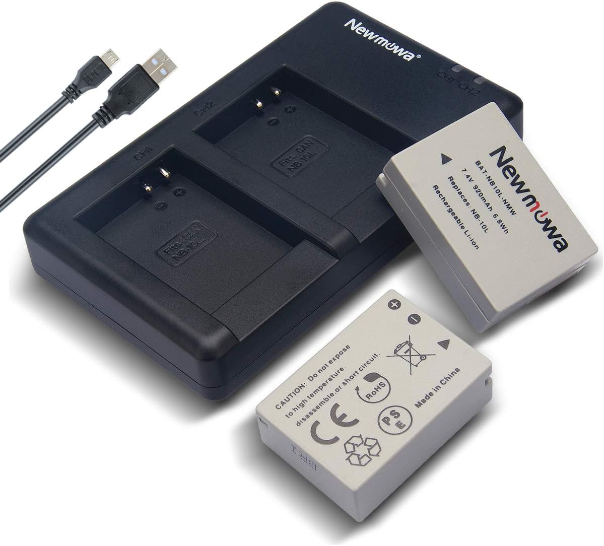 Newmowa Batería NB-10L (paquete de 2) y cargador USB dual para cámaras digitales Canon NB-10L, CB-2LC y Canon PowerShot G1 X, G15, G16, SX40 HS,