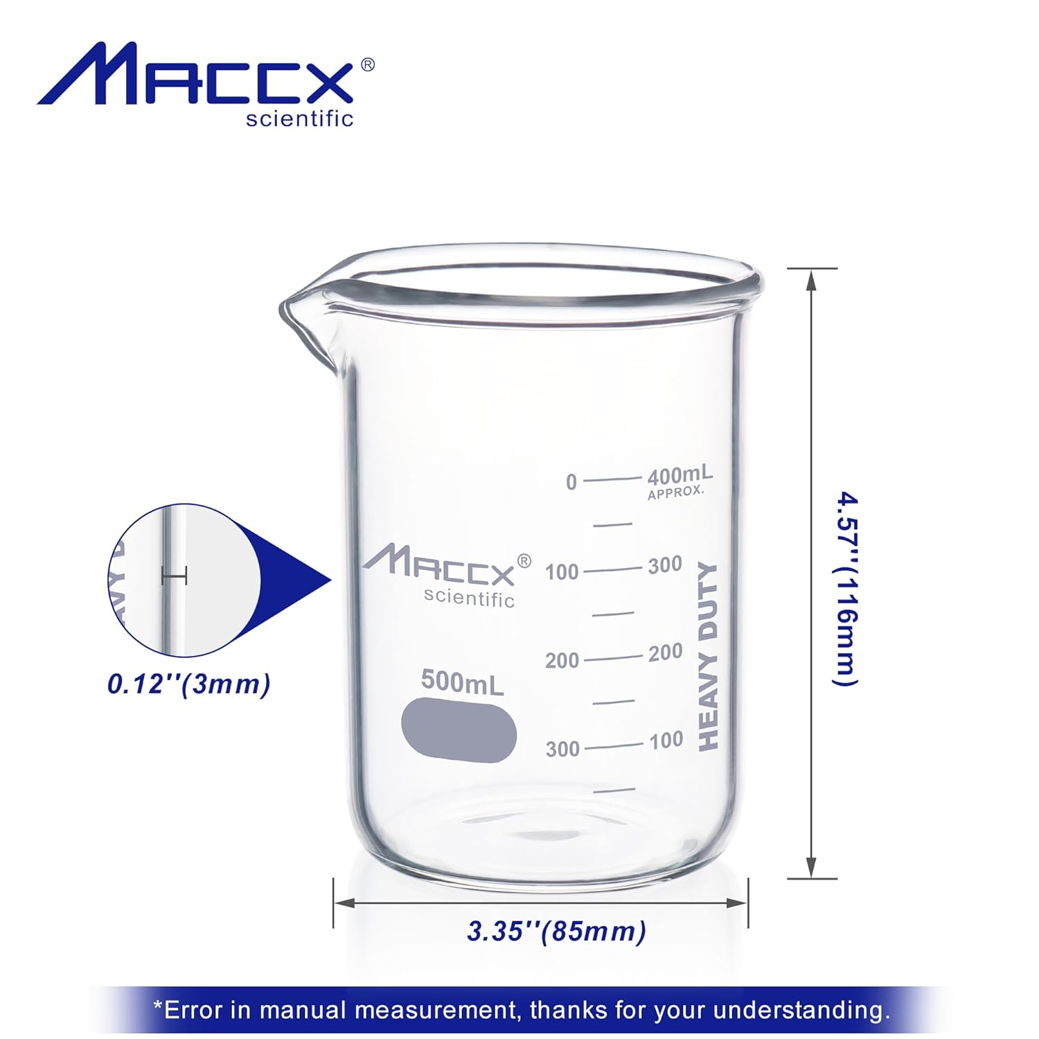 BKL500-006 – Vaso de vidrio resistente de 16.9 onzas (16.9 fl oz), forma baja de borosilicato 3.3 con graduación impresa, paquete de 6 unidades