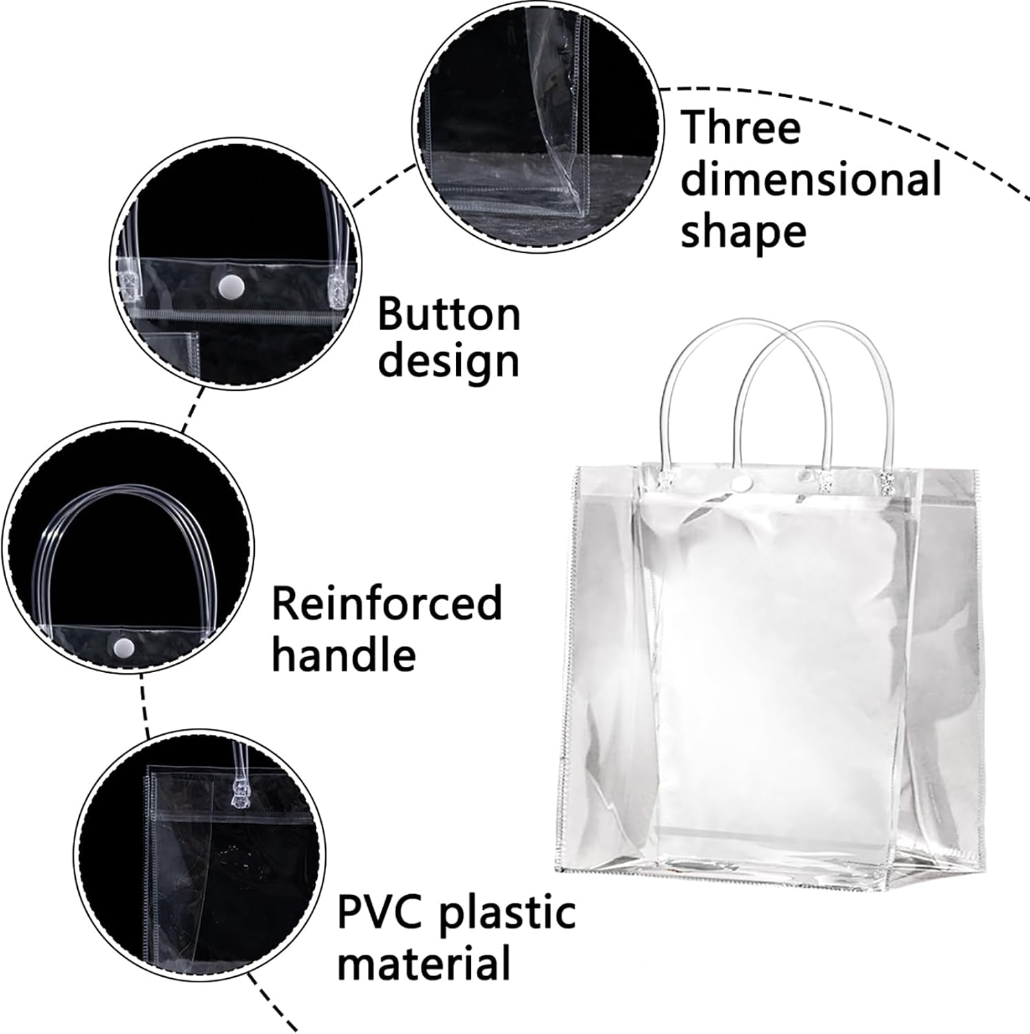 OfficeCastle Paquete de 5 bolsas de regalo medianas transparentes, 8 x 3.1 x 8 pulgadas, bolsas transparentes con asas, bolsas de compras