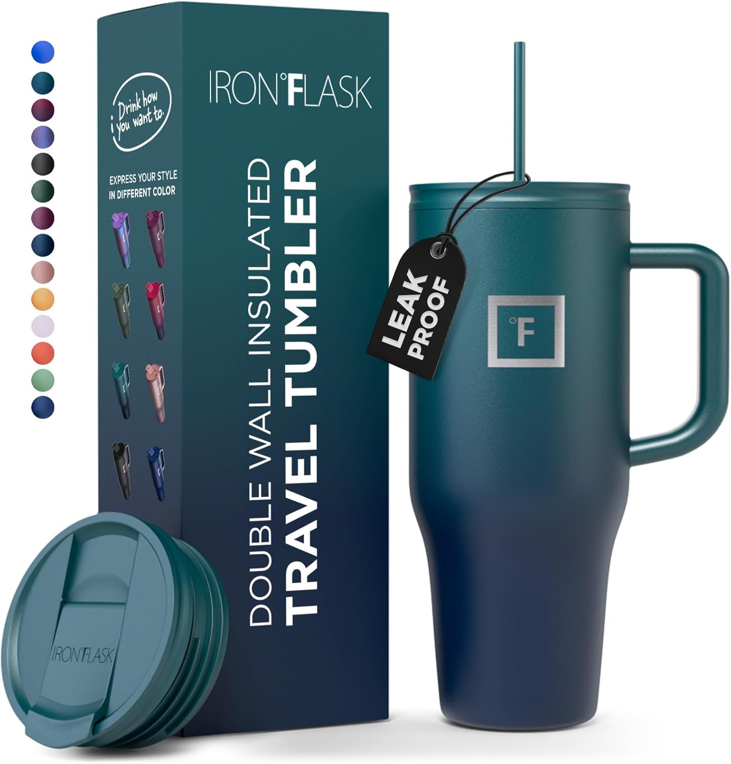 IRON FLASK Co-Pilot – Vaso aislado con popote y tapas abatibles, botella portavasos, para bebidas calientes y frías, a prueba de fugas, agua, taza