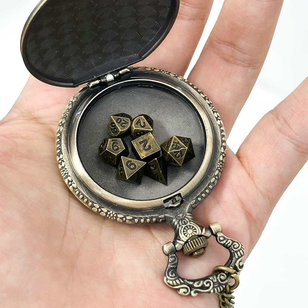 Juego de dados pequeños con estuche de metal para reloj de bolsillo, bolsa de dados para collar, juego de dados DND de metal pequeño antiguo