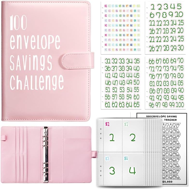 Carpeta de 100 sobres de desafío A5 para ahorro de dinero, carpeta de presupuesto con ranura para tarjetas, anillo de acero inoxidable, 25 hojas,