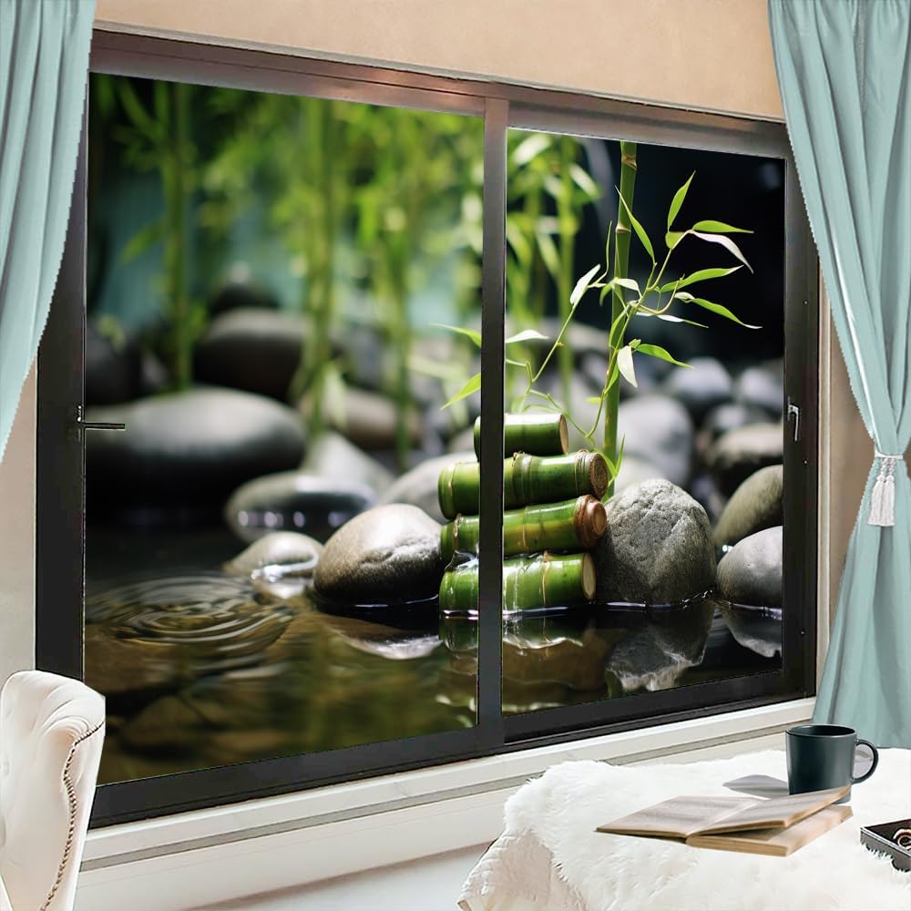 Película de privacidad de bambú para ventana de agua clara, piedra botánica bodegón, estilo moderno, vitrales, sin pegamento, película estática para