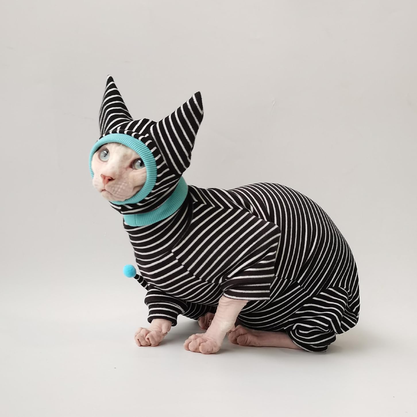 Ropa de gato sin pelo, overol para gato con pijama de 4 patas, ropa de esfinge, ropa para gatos para mascotas, ropa de gato a rayas con sombrero y