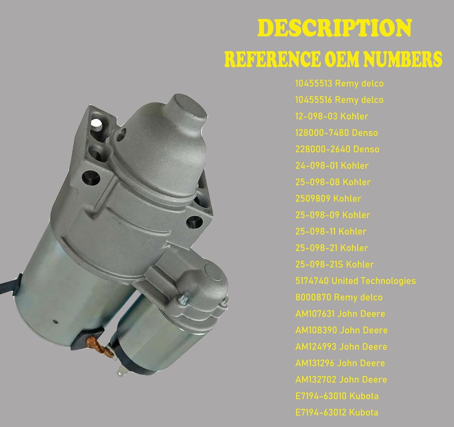 Reemplazo de arranque para Kohler HP 15-27 John Deere Toro Cub Cadet Scotts Thomas Grasshopper 2509808, 2509809, 2509811, SDR0291, 41012182,