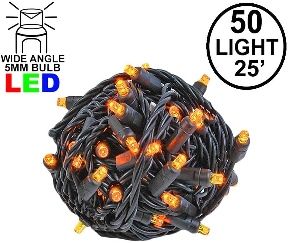 Novelty Lights Juego de 50 luces LED de Navidad, iluminación al aire libre, luces de patio, ámbar, cable negro, 25 pies