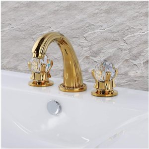 Grifo del fregadero del cuarto de baño 3 agujeros montado generalizado latón baño grifo cristal manija mezclador oro Ti-PVD (oro) Grifo del fregadero del cuarto de baño 3 agujeros montado generalizado latón baño grifo cristal manija mezclador oro Ti-PVD (oro)