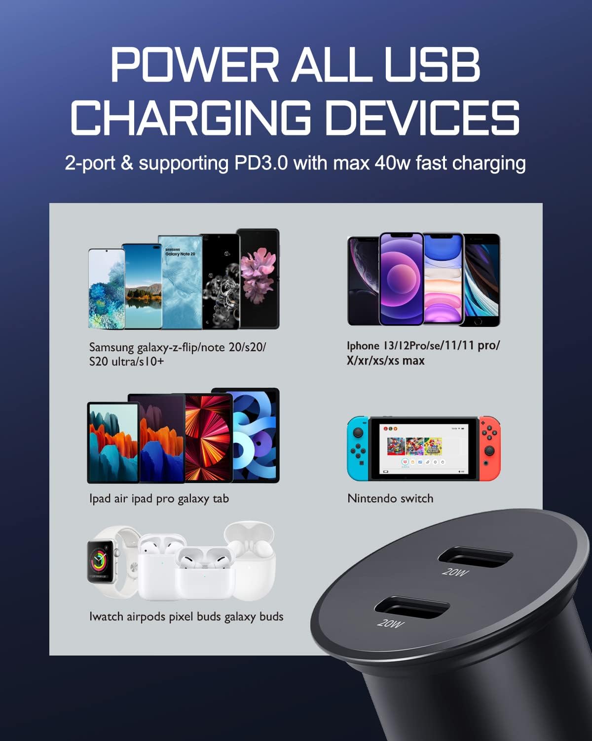 Cargador de coche USB C, Aergiatech 40W PD 3.0, adaptador de cargador rápido de coche de doble puerto, cargador de coche tipo C de metal compatible