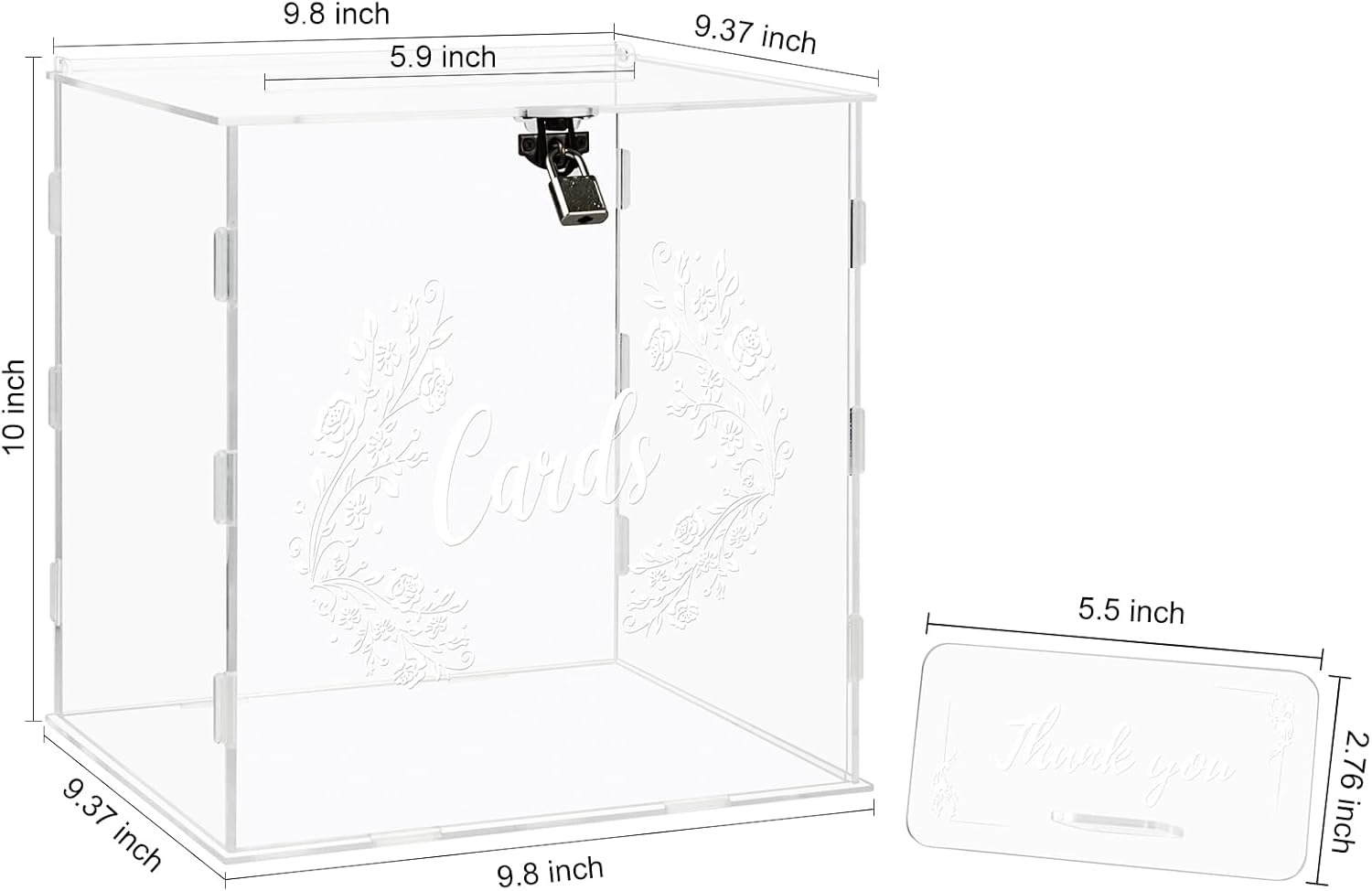 Caja de tarjetas de boda de acrílico con letrero, caja grande de acrílico transparente con cerradura para boda, recepción, aniversario, ducha,