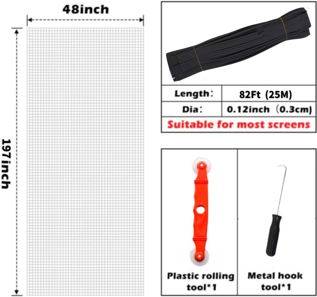 Reemplazo de pantalla para ventana, 48 pulgadas de ancho x 197 pulgadas de largo, pantalla duradera para ventanas y puertas ajustables, rollo de