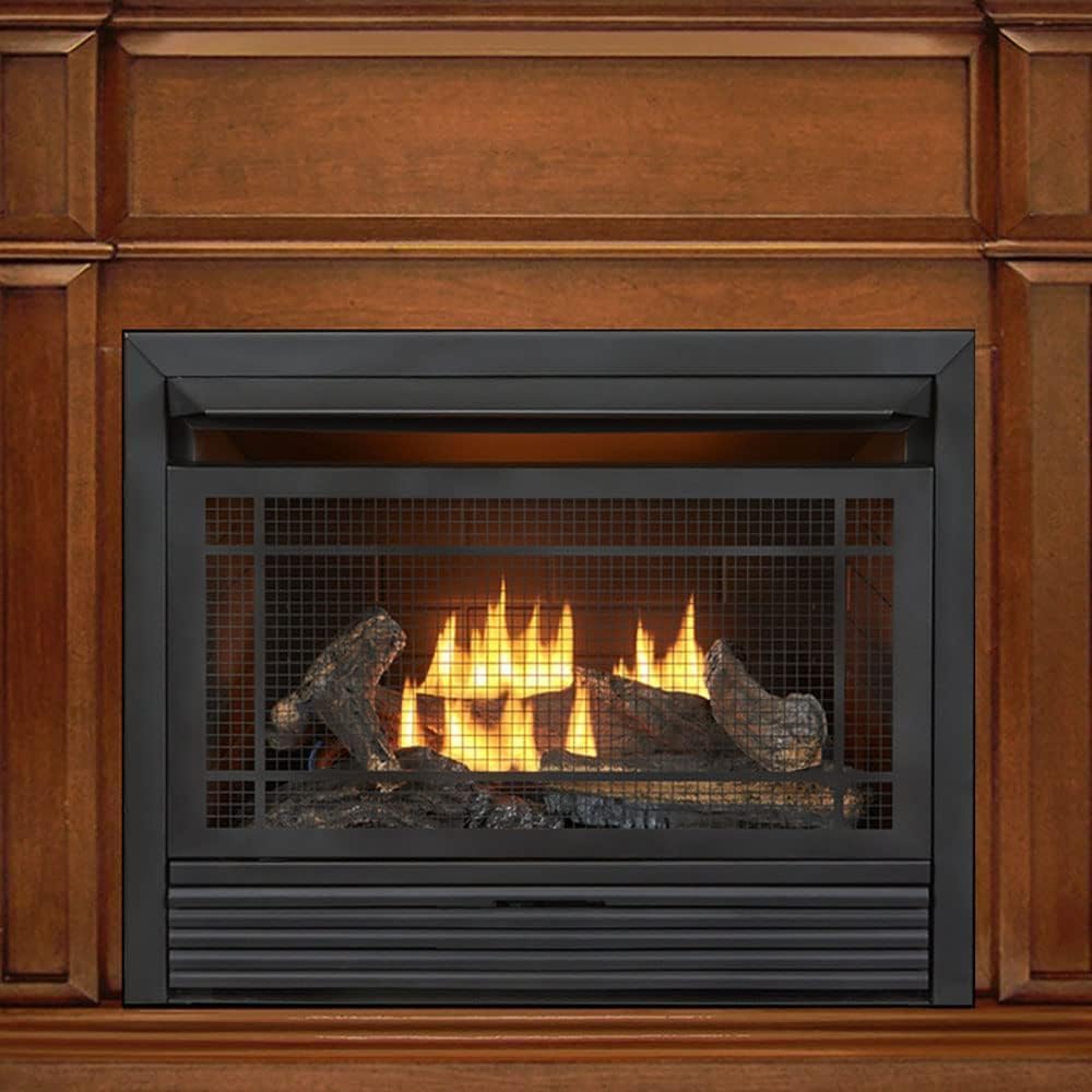 Duluth Forge Sistema de chimenea de gas sin ventilación de combustible dual con manto, control de termostato, 5 troncos de fuego, uso con gas