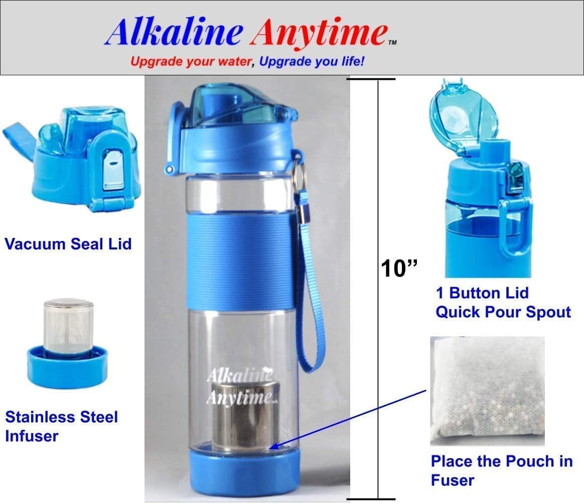 Alkaline Anytime – Botella de agua alcalina deportiva-1 (9.5 pH) filtro alcalino y acero inoxidable infundido a prueba de fugas, sin BPA,
