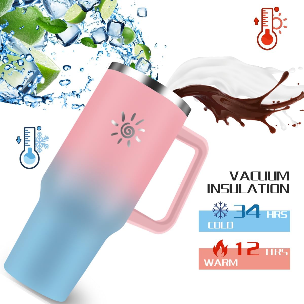 YPNMR Vaso de 40 onzas con asa y tapa con popote, taza de viaje de acero inoxidable aislada al vacío, taza de gran capacidad a prueba de fugas