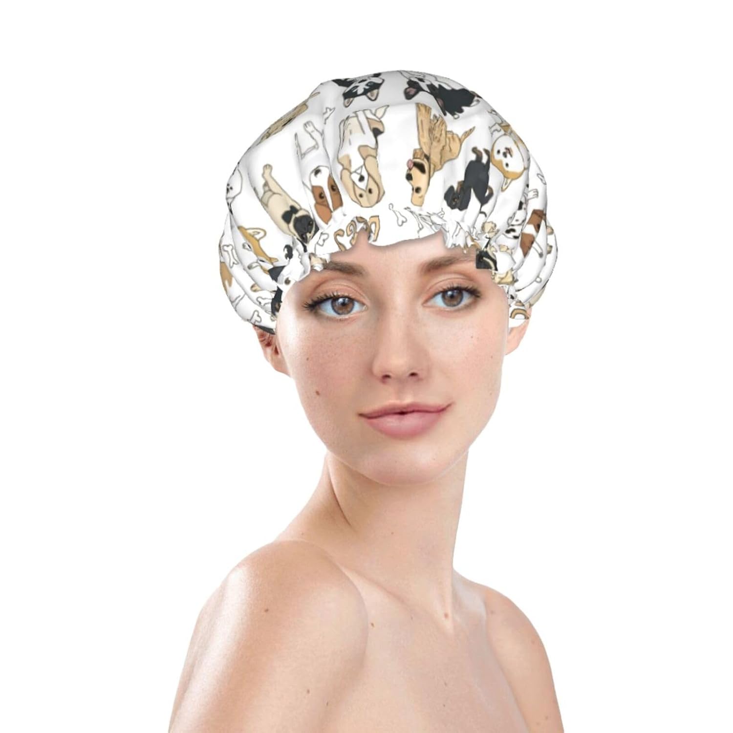 Gorros de ducha, sombrero de baño de doble capa compatible con lindos dibujos de mascotas con estampado de perros para mujeres, cubierta de pelo