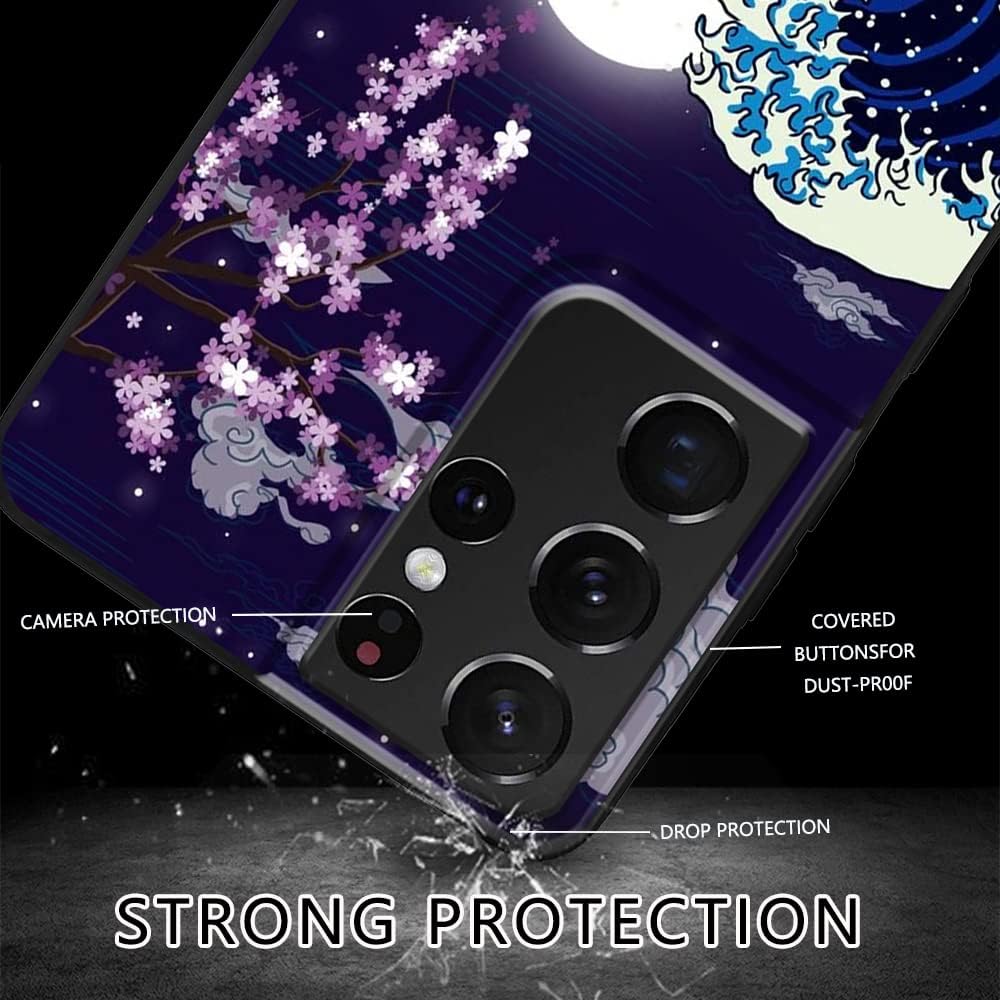 Funda compatible con Samsung Galaxy S21 Ultra, diseño de patrón estético japonés de flor de cerezo y luna, protección de cuerpo completo a prueba de