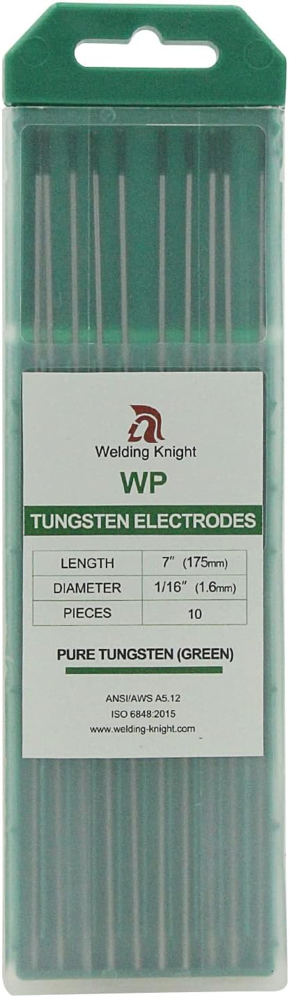 Electrodos de tungsteno para soldadura TIG, tungsteno puro, 116 x 7 pulgadas (verde, WP), paquete de 10 unidades