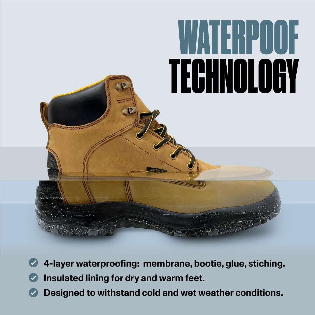 Botas de trabajo impermeables para hombre, punta suave, cuero impermeable de 6 pulgadas, forro aislante, botas de trabajo ultra secas, botas de