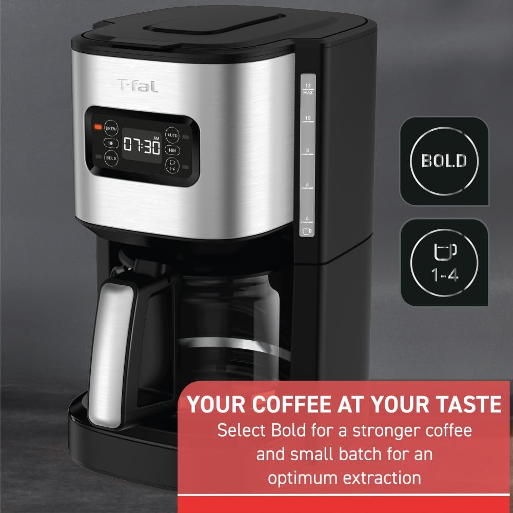 T-fal Element – Máquina de café por goteo de plástico y acero inoxidable de 12 tazas programable, filtro reutilizable, pausa y preparación, jarra de