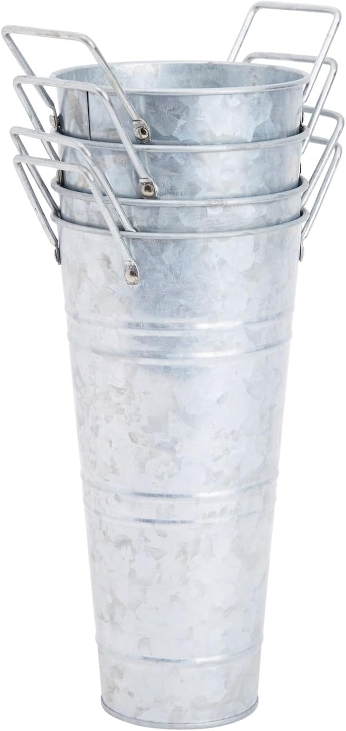 Farmlyn Creek Paquete de 4 cubos de flores galvanizados de 10 pulgadas con asas para decoración de granja de estilo rústico, jarrones de metal para