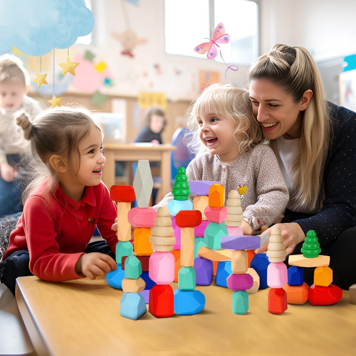 Qubomax 40 piezas de juguetes apilables de madera  Bloques de construcción Montessori para niños a partir de 3 años  Juego de aprendizaje preescolar