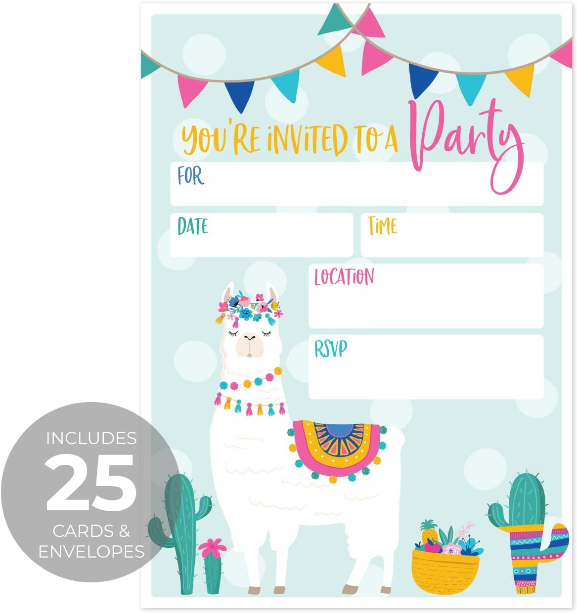 Canopy Street Invitación de fiesta de relleno de llama, 25 invitaciones y sobres de cumpleaños de fiesta de llama, invitación de alpaca plana de 5 x