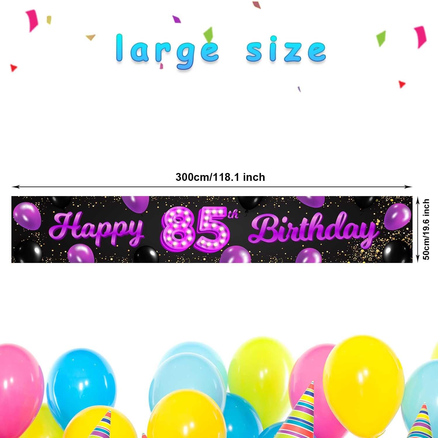 Cartel de feliz cumpleaños 85 morado y negro, decoración temática de globos de confeti para mujeres de 85 años, suministros de fiesta de cumpleaños,