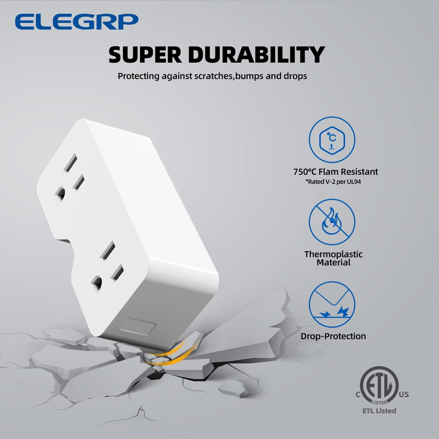 ELEGRP Extensor de toma de corriente, divisor de enchufes múltiples, extensor de pared, 2 a 3 puntas, conexión a tierra, 125 V, certificación ETL,