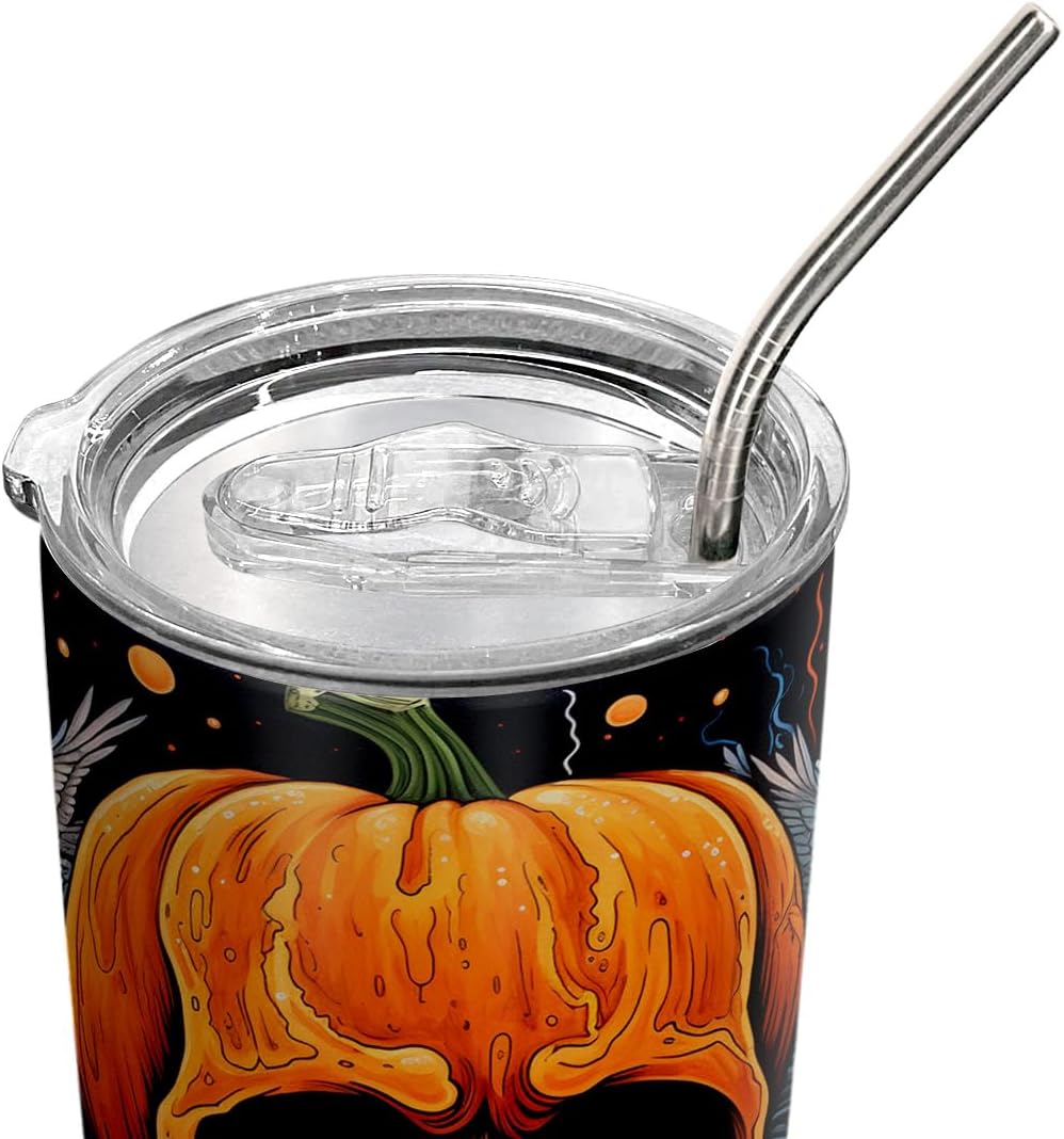 Vaso de Halloween de 20 onzas, vaso de calavera, vaso de calavera de calabaza de Halloween, taza de viaje aislada con tapa, termo de café para