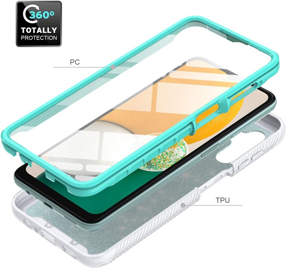 TJS Funda compatible con Samsung Galaxy A13 5G, con protector de pantalla integrado, cubierta protectora de cuerpo completo con purpurina y bonito