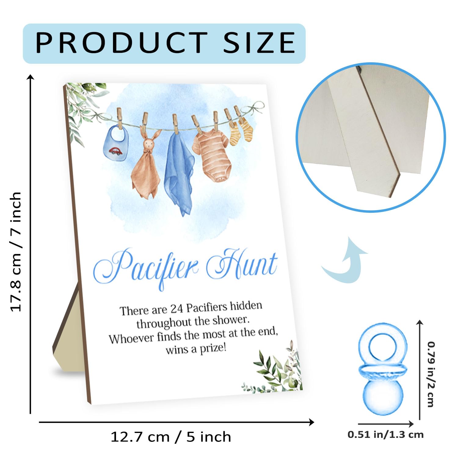 Juegos de baby shower, juego de caza de chupetes, juegos para baby shower o revelación de género, letrero de caza de chupete de madera, 50 chupetes