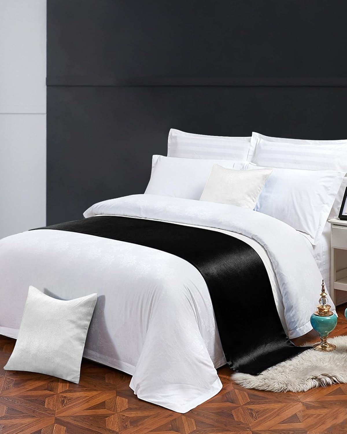 Bufanda negra para camino de cama, tamaño Cal King, manta de lujo para cama individual, matrimonial, queen, king, pie de cama, decoración de