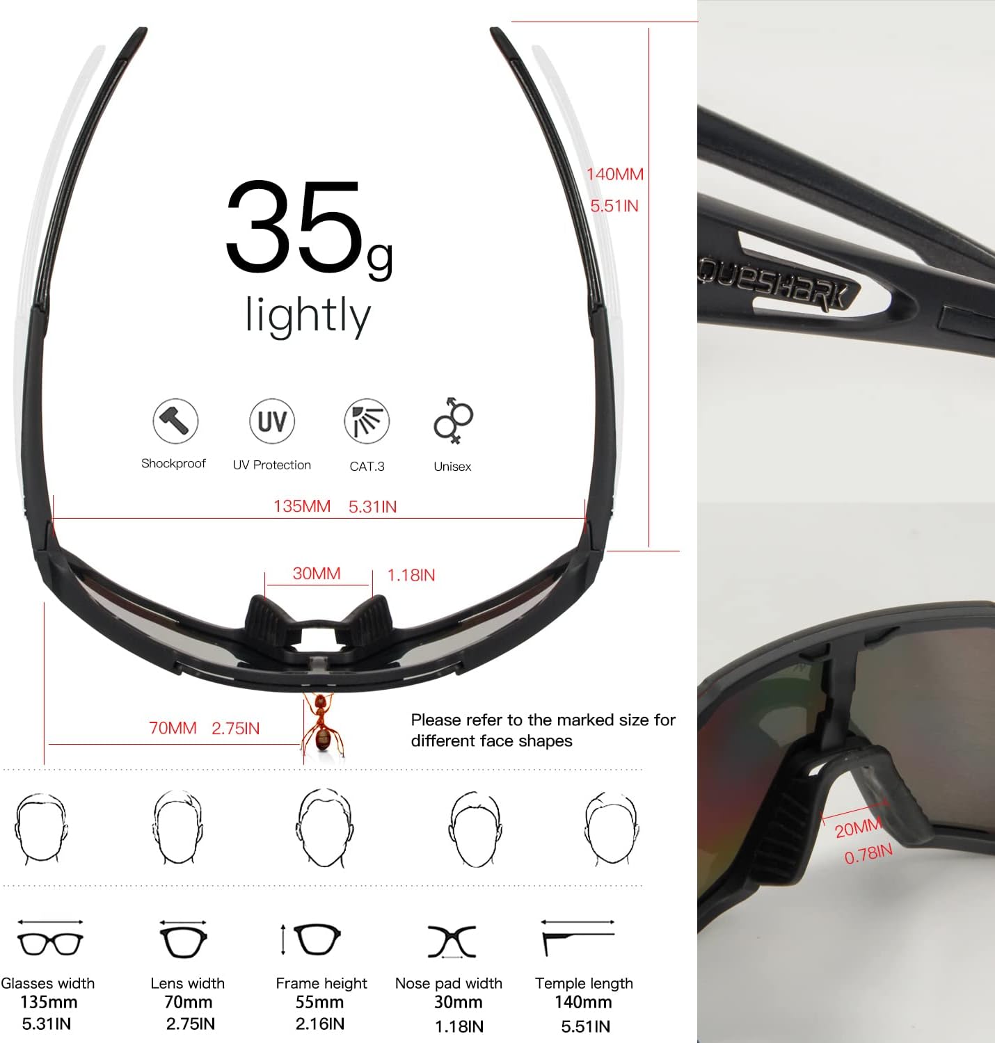 Lentes de sol Queshark de ciclismo, polarizados, deportivos, con 3 lentes, unisex