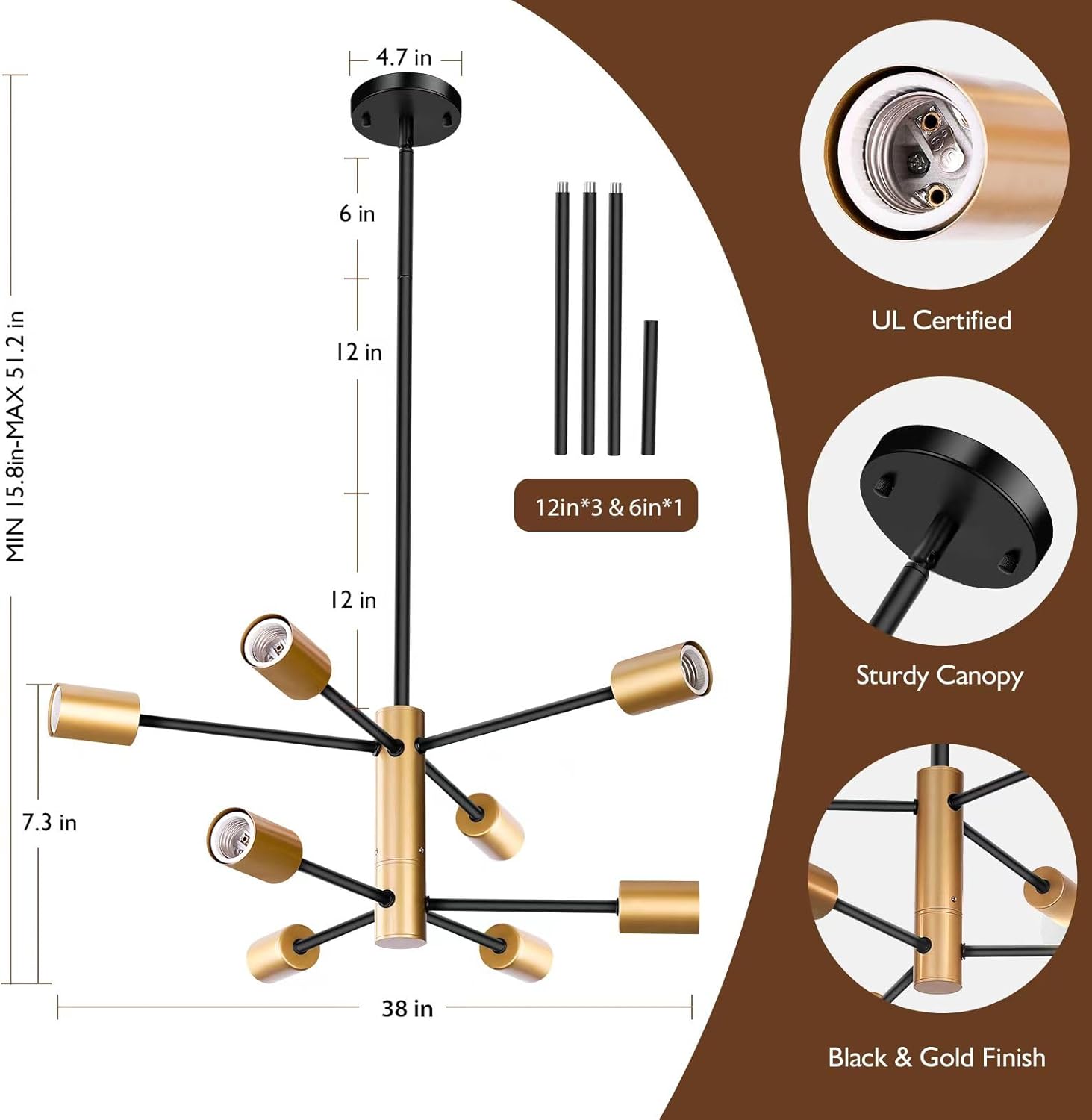 Candelabro Sputnik de 8 luces, lámparas colgantes negras y doradas, moderna lámpara de comedor de granja de latón de mediados de siglo, altura