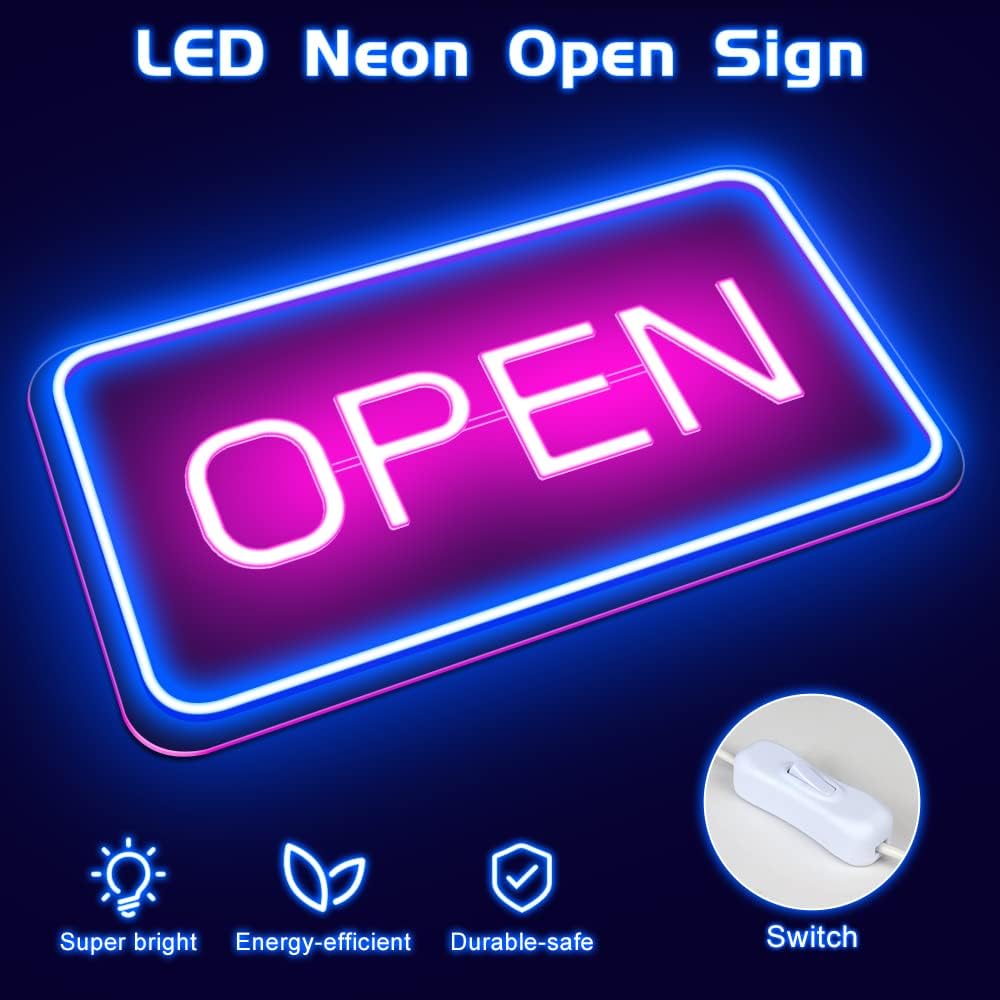 Letreros LED abiertos para negocios, 16 x 9 pulgadas, letrero de neón abierto, letrero de luz blanca cálida de alto brillo con cadena, para pequeñas