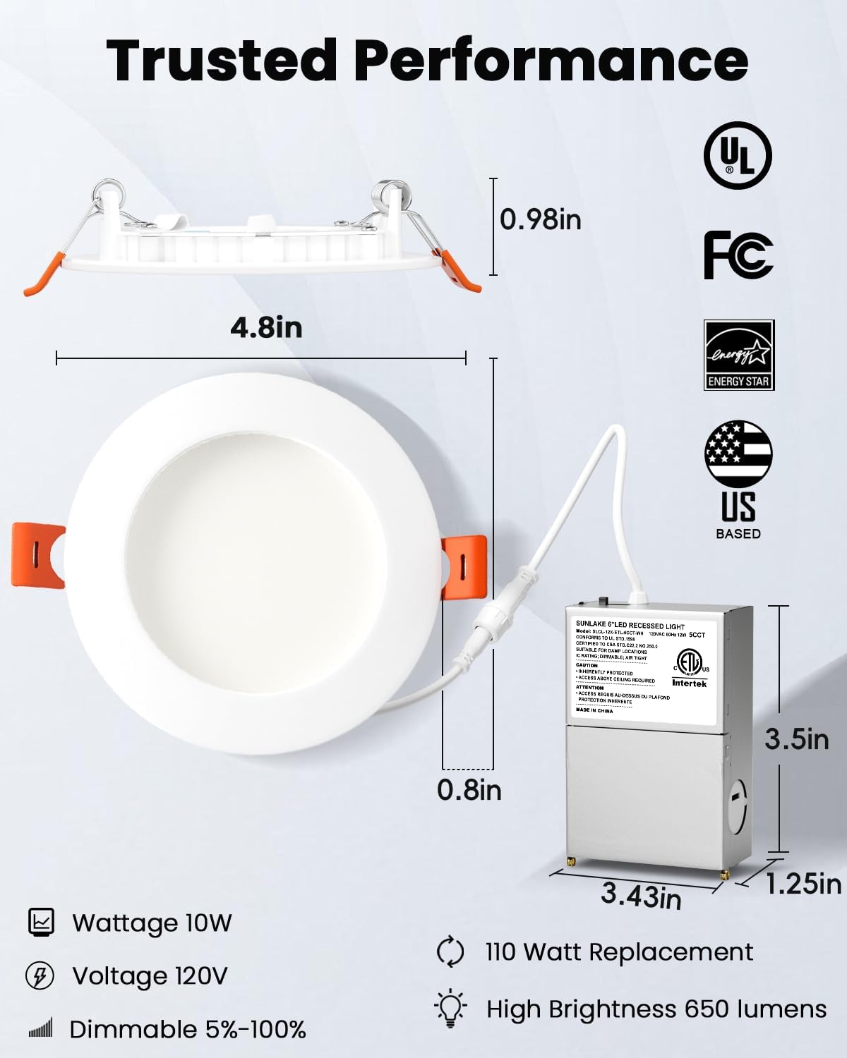 SunLake – Paquete de 12 luces empotrables de techo LED ultrafinas de 4 pulgadas con caja de conexiones, luz diurna de 5000 K, ecualizador de 10 W y