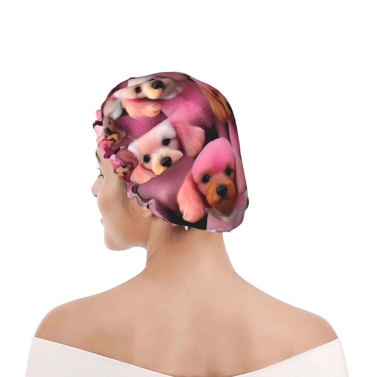 Gorro de ducha reutilizable con estampado de caniches rosados para mujer, doble capa impermeable, gorro de baño de secado rápido